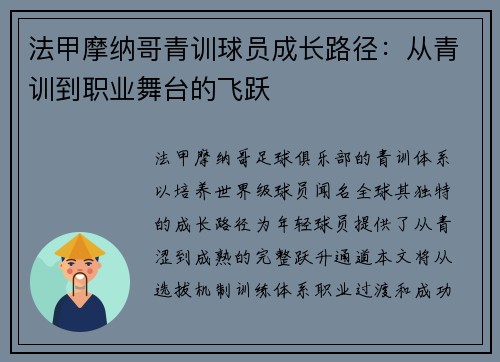 法甲摩纳哥青训球员成长路径：从青训到职业舞台的飞跃
