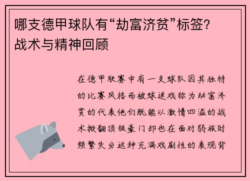 哪支德甲球队有“劫富济贫”标签？战术与精神回顾