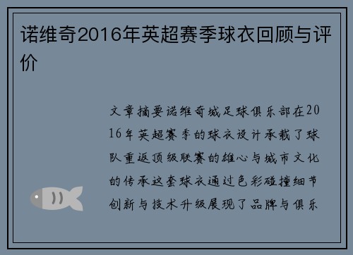 诺维奇2016年英超赛季球衣回顾与评价