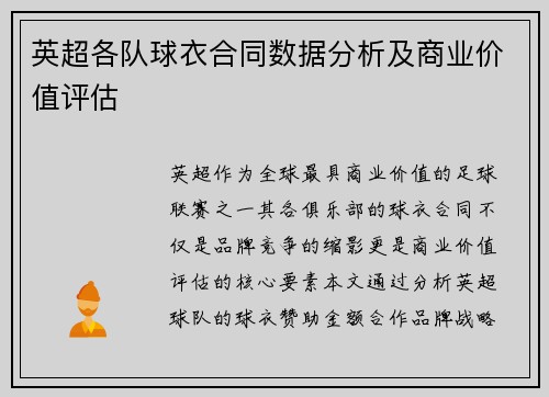 英超各队球衣合同数据分析及商业价值评估